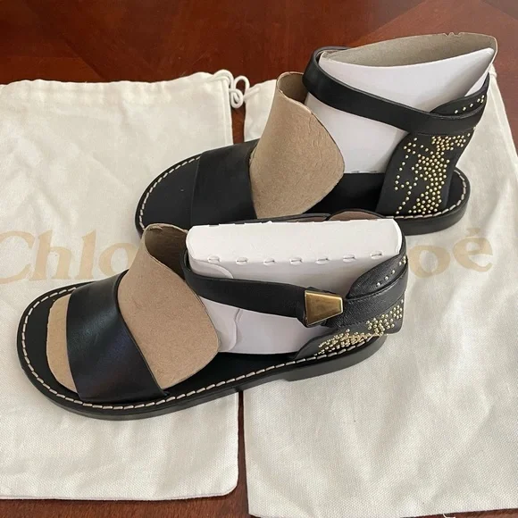 NEW CHLOE Suzanna Studded Leather Ankle Strap Sandals - - Picture 2 of 8